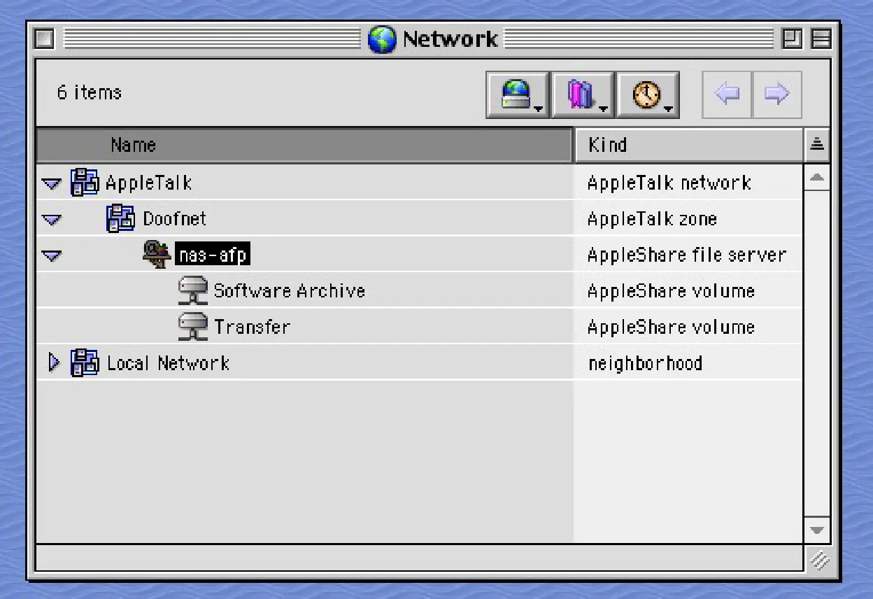 Mac OS 9.2.2 &lsquo;Network Browser&rsquo; showing the &rsquo;nas-afp&rsquo; service available via AFP over AppleTalk.