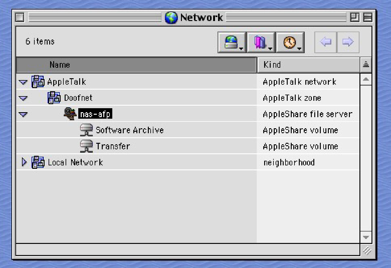 Mac OS 9.2.2 'Network Browser' showing the 'nas-afp' server and shares.