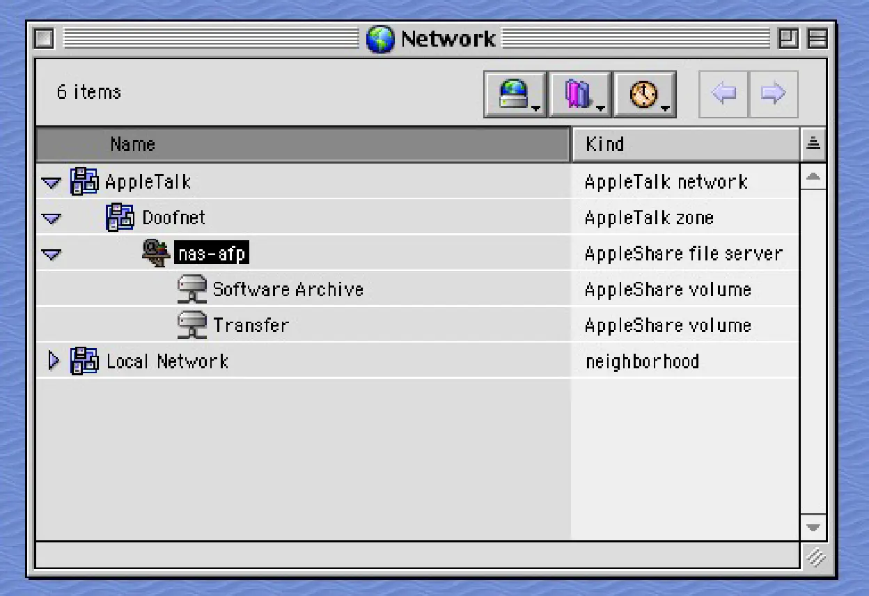 Mac OS 9.2.2 ‘Network Browser’ showing the ’nas-afp’ service available via AFP over AppleTalk.