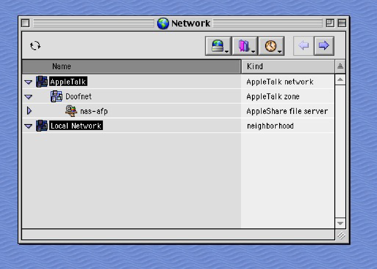 Mac OS 9.2.2 'Network Browser' showing the 'nas-afp' service available via AFP over AppleTalk.