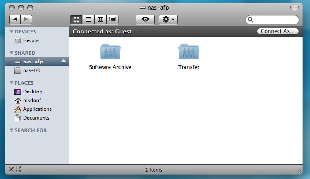 Mac OS X 10.4 Finder showing the &rsquo;nas-afp&rsquo; server and shares.