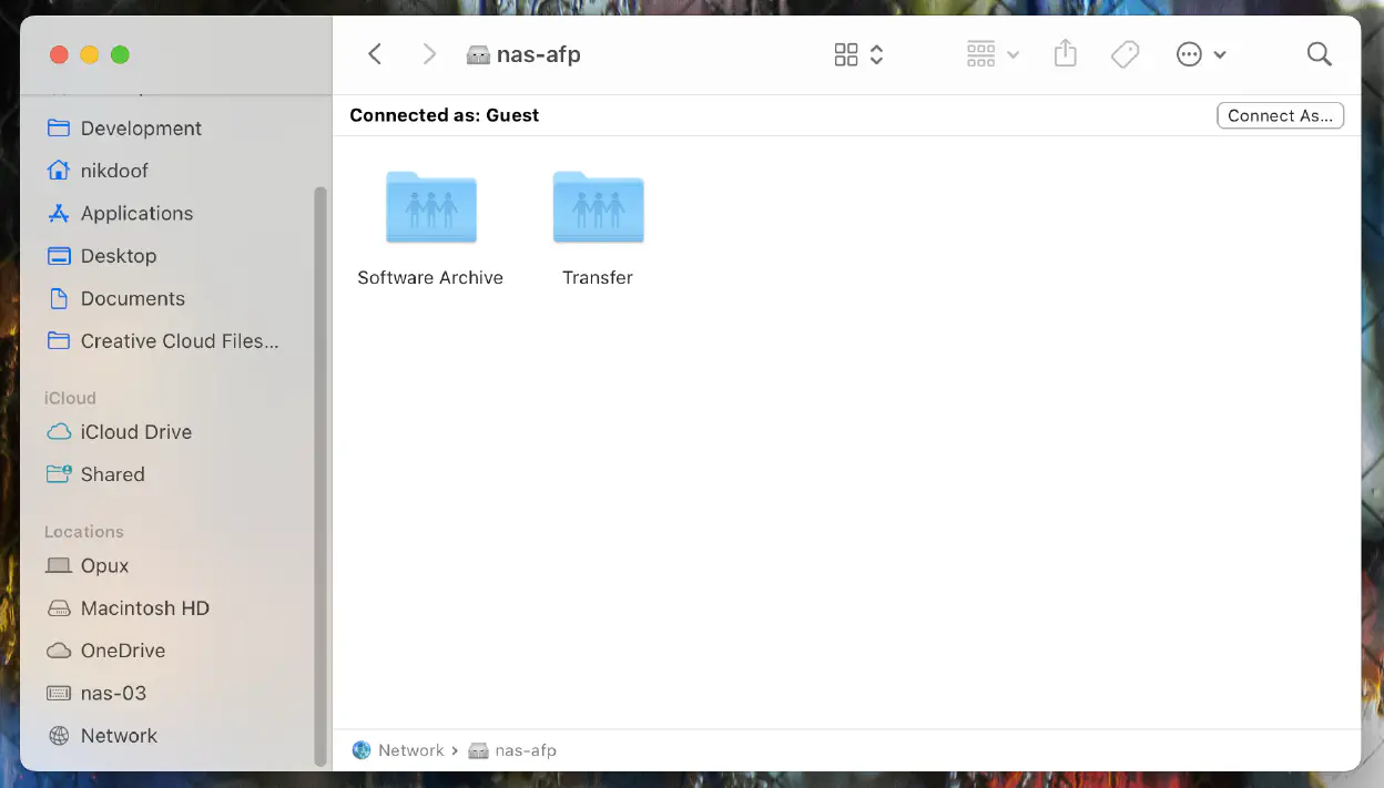macOS Sonoma Finder showing the ’nas-afp’ server and shares.