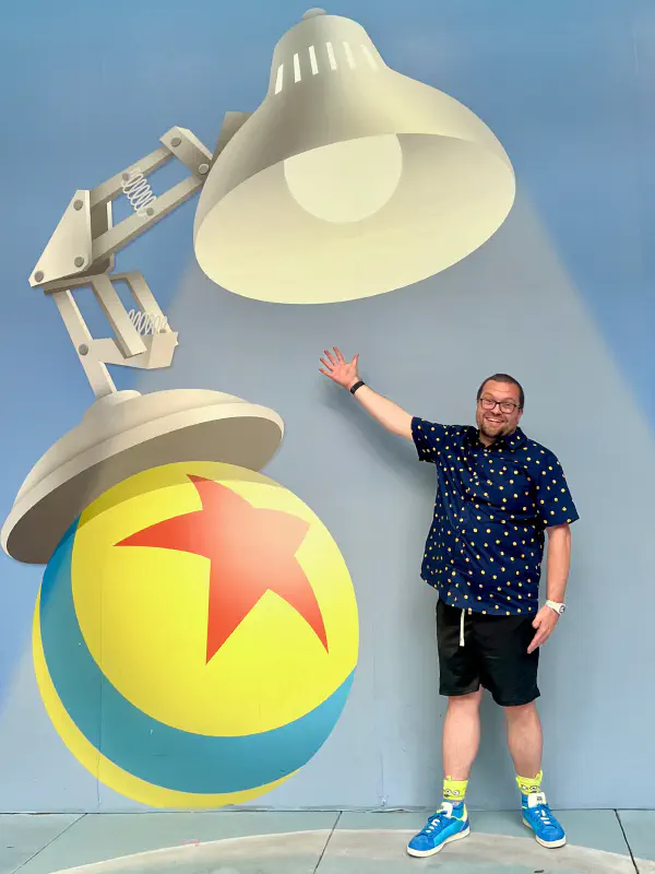 Me, very happy to be standing in front of some Luxo Jr. artwork.