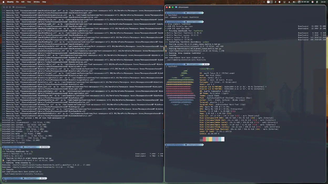 A screenshot of my desktop using Aerospace, with multiple Ghostty windows open.