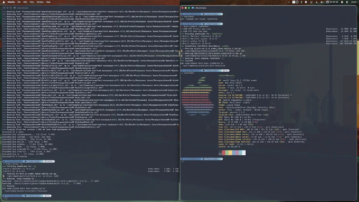 A screenshot of my desktop using Aerospace, with multiple Ghostty windows open.